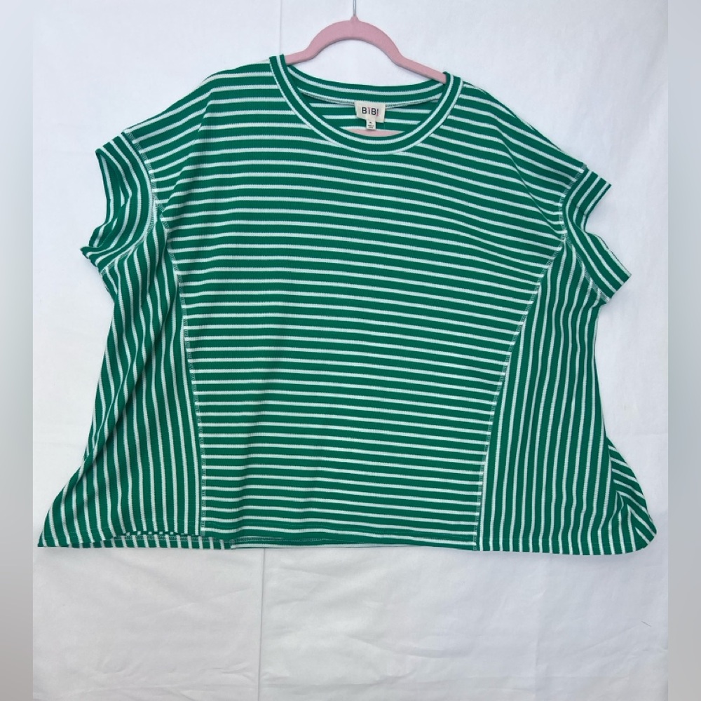 BiBi Green and White Striped Short Sleeve Top NWT XL